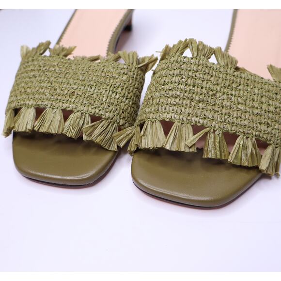 J. CREW Lina Kitten-Heel Slip On Sandals Green Woven Raffia Fringe Women's 6 - Picture 2 of 9